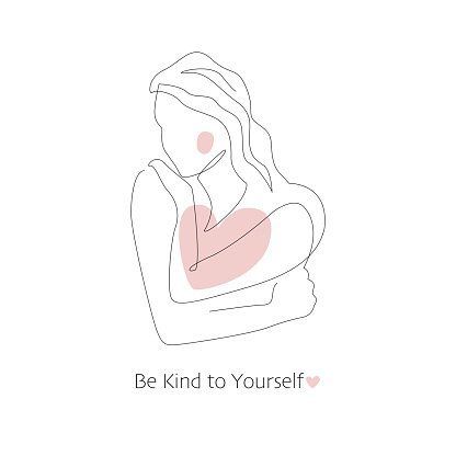 Self care, love your body concept. Cute girl hugging herself. Continuous line vector illustration of young woman. Body positive, slow living, healthcare poster. Be kind to yourself text.