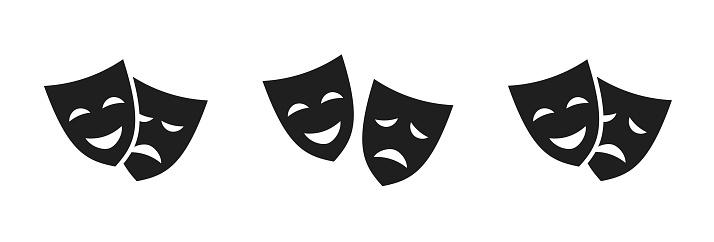 Comedy and tragedy masks isolated. Theatrical masks vector icon set. Comedy and tragedy masks. Theater mask signs. Happy and unhappy symbols. Stock Vector illustration