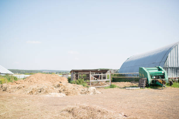 istock Stable, a place with a paddock and hay for horses outside the building 1404212108