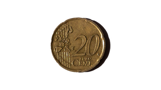 20 euro cent coin on a white background (close up)