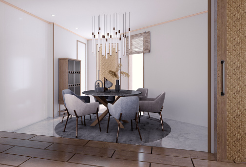3d rendering,3d illustration, Interior Scene and  Mockup,Dinning area,with white and wooden walls.