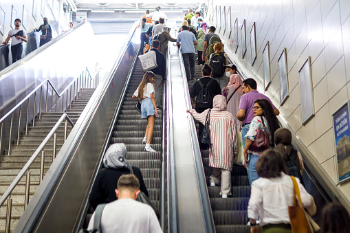 Istanbul, Turkey, July 20 2022 - People walking in the Istabıl Marmaray station. Crowded public transportation.