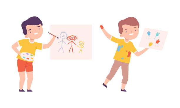 istock Cute boys painting with brush and fingerprints cartoon vector illustration 1404220235