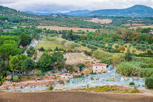 High angle view of the Terme di Saturnia, a group of springs with sulphurous water
