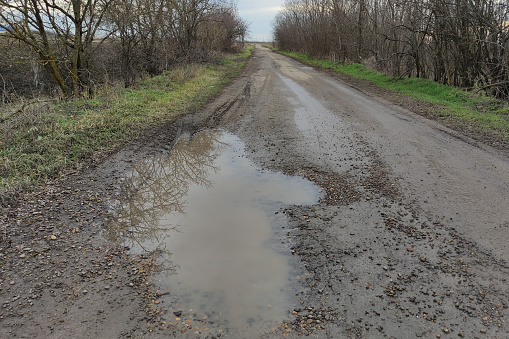 Country road with big puddles through agricultural fields in a cloudy weather