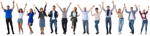 istock People in casual clothes with raised arms 1404221928