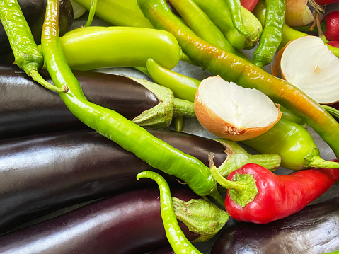 Fresh vegetables for cooking, eggplant, onion, pepper vegetable