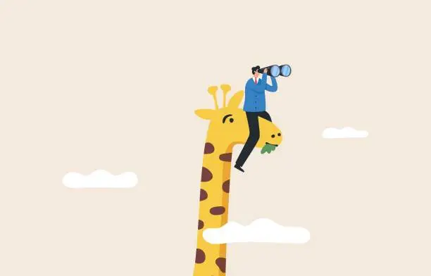 Vector illustration of Unlimited opportunities. Look for new opportunities. Vision of a good leader. Find new inspirations with innovations or different ideas.  The leader also rode the giraffe's neck and used binoculars.