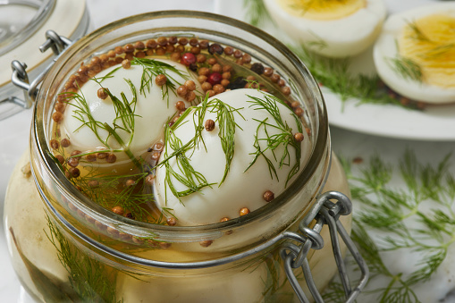 Classic Pickled Eggs with Fresh Dill, Garlic, Bay Leaves and Pickling Spice