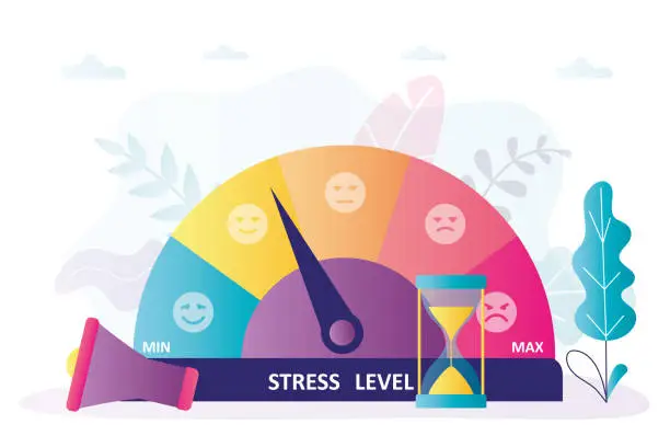Vector illustration of Stressmeter shows level of stress. Arrow indicates mild irritation. Indicator shows emotional state