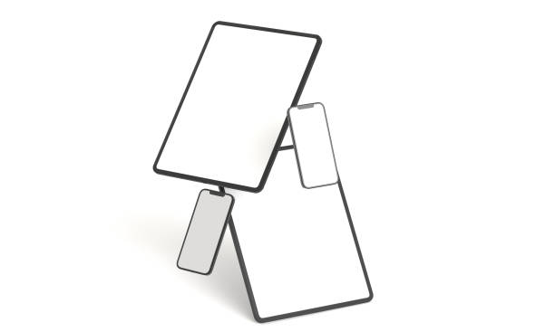 illustration 3d render of isometric rectangles simulating a telephone in a 3d space with blank spaces. from different perspectives and views to help rock up for applications. ipad iphone - ipad iphone smart phone ipad 3 imagens e fotografias de stock