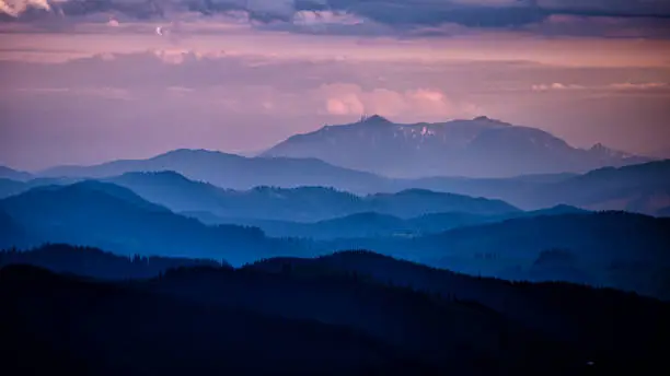 The Ceahlau Massif seen from the Rarau Mountains,  Eastern Carpathians, Romania.