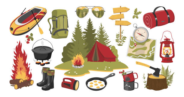TRAVEL ADVENTURE set Hiking elements set: tent, campfire, hatchet, boat, kettle, flashlight. adventure clipart stock illustrations