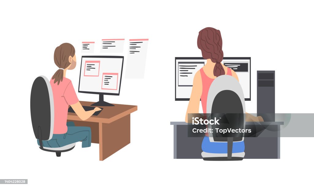 Girls Computer Programmers Writing Computer Software Set Cartoon Vector ...