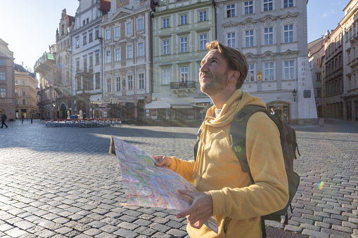 Solo travel man exploring the city and the famous landmark. 
Prague, Czech Republic