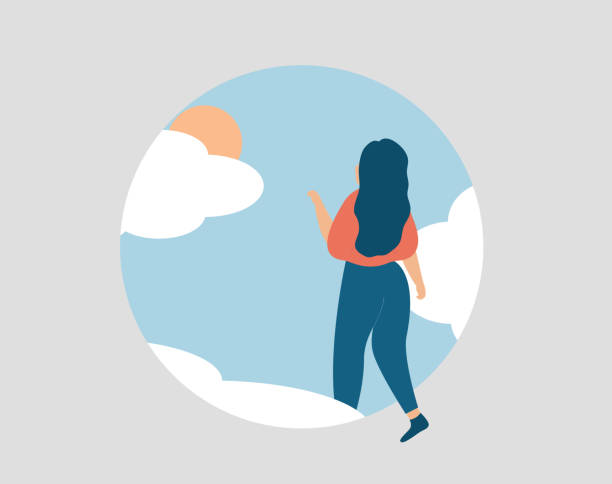 Woman doing the first step into the future to start a new life. Girl wants to get rid of mental health disorders. Woman doing the first step into the future to start a new life. Girl wants to get rid of mental health disorders. Concept of mental health improvement and hope. Vector stock walking-a-new-path stock illustrations