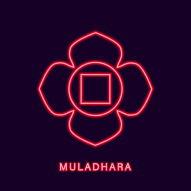 ilustraciones, imágenes clip art, dibujos animados e iconos de stock de chakra muladhara de neón rojo. símbolo brillante de la morada de kundalini shakti - shakti