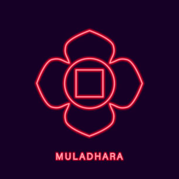 illustrations, cliparts, dessins animés et icônes de chakra muladhara au néon rouge. symbole lumineux de la demeure de la kundalini shakti - shakti