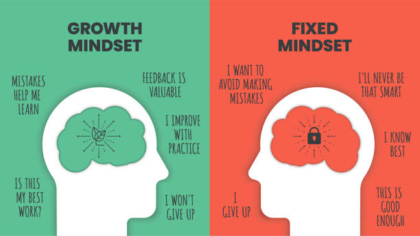 stockillustraties, clipart, cartoons en iconen met growth mindset vs fixed mindset vector for slide presentation or web banner. infographic of human head with brain inside and symbol. the difference of positive and negative thinking mindset concepts. - dierlijk gedrag