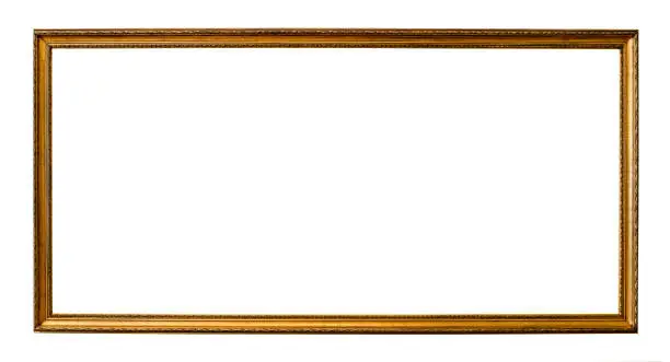 blank long narrow old golden picture frame cutout on white background