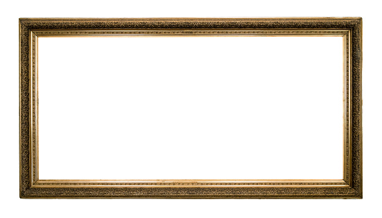 blank panoramic old bronze picture frame cutout on white background