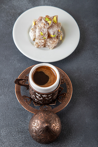 Traditional pistachio Turkish delight and Turkish coffee,directly above
