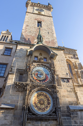 Zurich, Switzerland - October 6, 2018: Tower and clock of the Fraumünster Church. It is one of the four main churches of Zurich, founded in 853 by Louis the German.