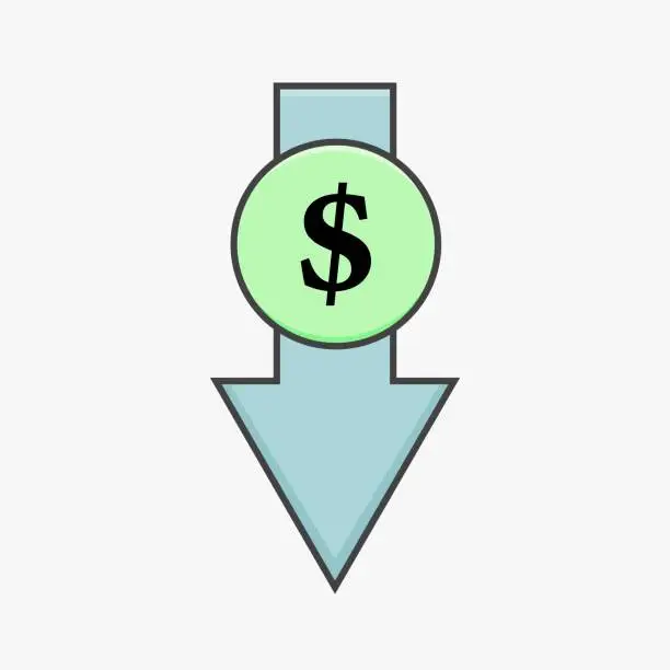 Vector illustration of Vector icon symbol cheap, arrow and dollar sign on white isolated background. Layers grouped for easy editing illustration. For your design.