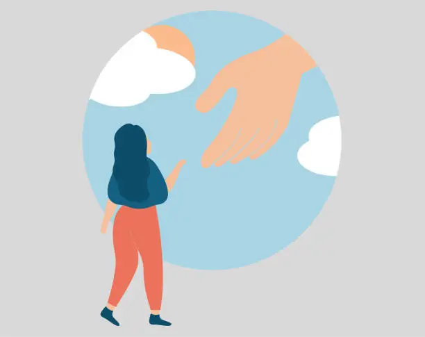 Vector illustration of Woman has faith in God and starts a new life. Girl gets a divine helping hand to get rid of depression. Friend or caregiver supports people.