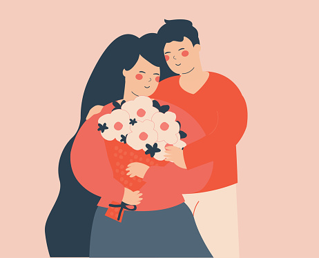Young woman or wife holds a bouquet of flowers and embraces her husband. Romantic couple love each other. Family day and Valentine day concept.