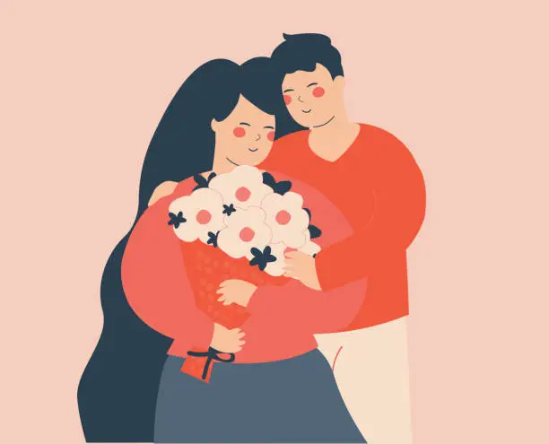 Vector illustration of Young woman or wife holds a bouquet of flowers and embraces her husband. Romantic couple love each other. Family day and Valentine day concept.