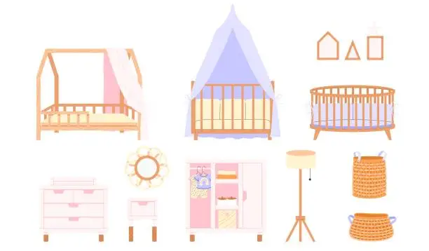 Vector illustration of Set of kids bedroom furniture in cozy scandinavian style. Concept interior design.