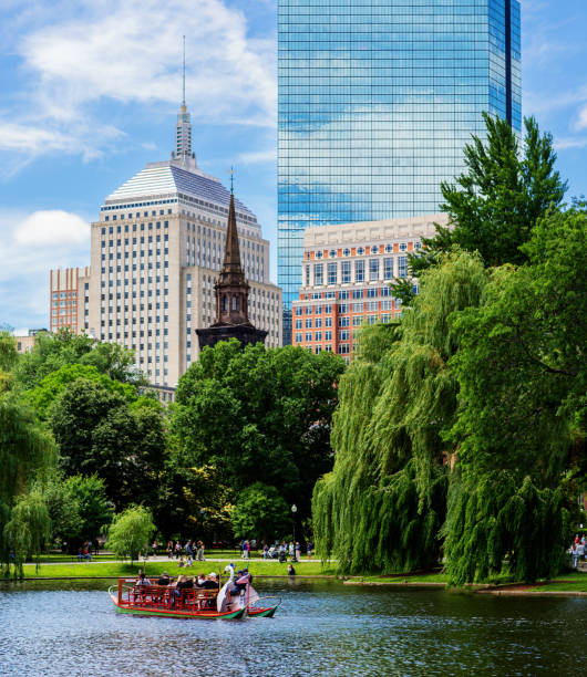 boston public garden - swan boat pond - back bay - boston massachusetts - boston skyline day back bay - fotografias e filmes do acervo