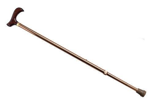 adjustable copper walking stick with wooden derby handle cutout on white background