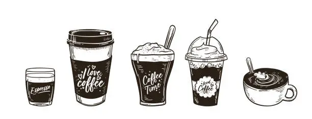 Vector illustration of Lovely hand drawn coffee elements with nice toppings and cute mugs - vector design