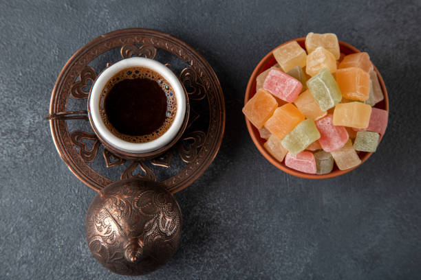istock Traditional Turkish delight and Turkish coffee, directly above 1404233294
