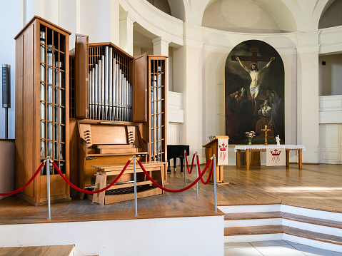 Saint Petersburg, Russia - May 14, 2022: small organ in Lutheran Church of Saint Peter and Saint Paul (Petrikirche, St Peter's Church) in St Petersburg city
