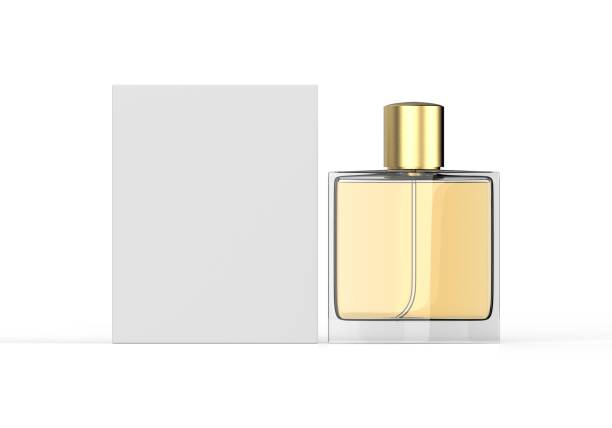istock Perfume glass bottle with packaging box for branding and mockup, blank transparent perfume glass bottle mockup, 3d render illustration 1404233955