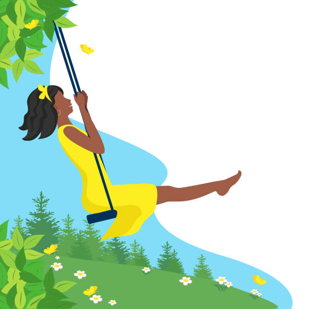 ilustraciones, imágenes clip art, dibujos animados e iconos de stock de chica en un columpio - child swing swinging spring