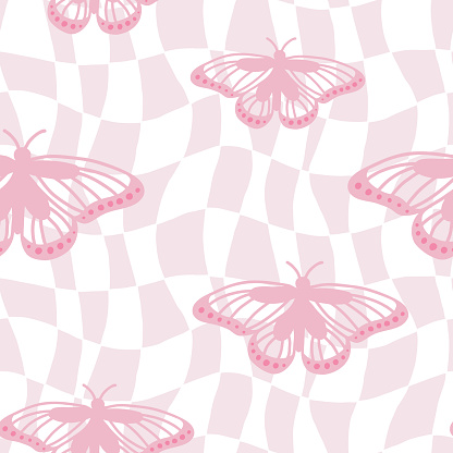 Cute 00s and 90s doodle seamless pattern. Retro glamorous girl style. Flat cartoon butterflies. Trendy 2000s psychedelic hypnotic surface. Childish y2k texture for kid textile, paper, fabric. Vector