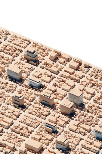 Aerial view of a suburban district with low rise buildings and plenty of areas with trees. Architectural model made of wood. Urban planning and facility management. White background with copy space. Vertical composition. Digitally generated image.