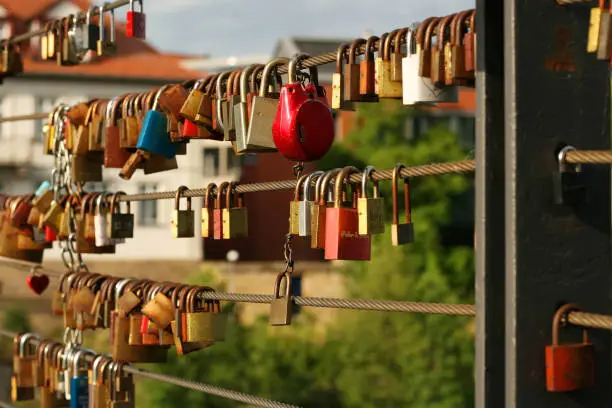 Lover's locks on the Chain Bridge. Bamberg attractions, sightseens. Romantic Symbols of Love. Bokeh background. Close-up. Bright bold Colors