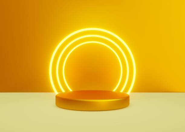 istock Gold colored product presentation platform, podium stand with neon lights 1404237404