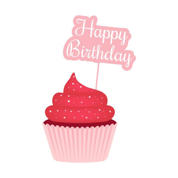 ilustraciones, imágenes clip art, dibujos animados e iconos de stock de cupcake vegano de terciopelo rojo con topper feliz cumpleaños - cupcake