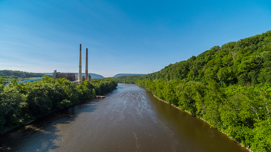 Thermal power plant in Pennsylvania, on the shore of Delaware River near by the border with New Jersey, USA.