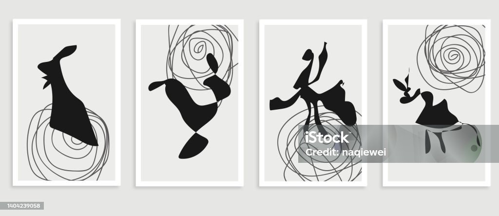 Vector monochrome abstract wall arts doodle organic shape banner design for poster print collection Dancing stock vector