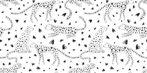 Hand drawn cute leopard and hearts seamless pattern. Doodle cheetah endless wallpaper Hand drawn cute leopard and hearts seamless pattern. Doodle cheetah endless wallpaper. Design for fabric, textile, wrapping, illustration black and white cheetah print stock illustrations