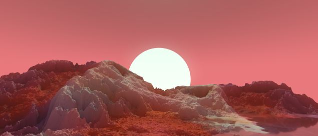 3D illustration - Landscape of another planet with reddish mountains at sunset.