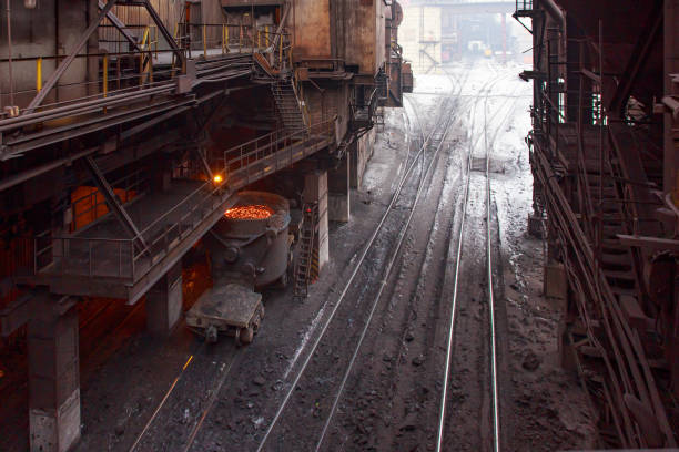istock Slag carrier wagon with hot melting slag in container. 1404241635