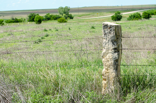 Fence with Fencestone limestone post and barbed wire, Ness county, Kansas, USA. The limestone was quarried locally in the late 19th and early 20th centuries as a building material to augment a lmiited timber supply on the Great Plains.